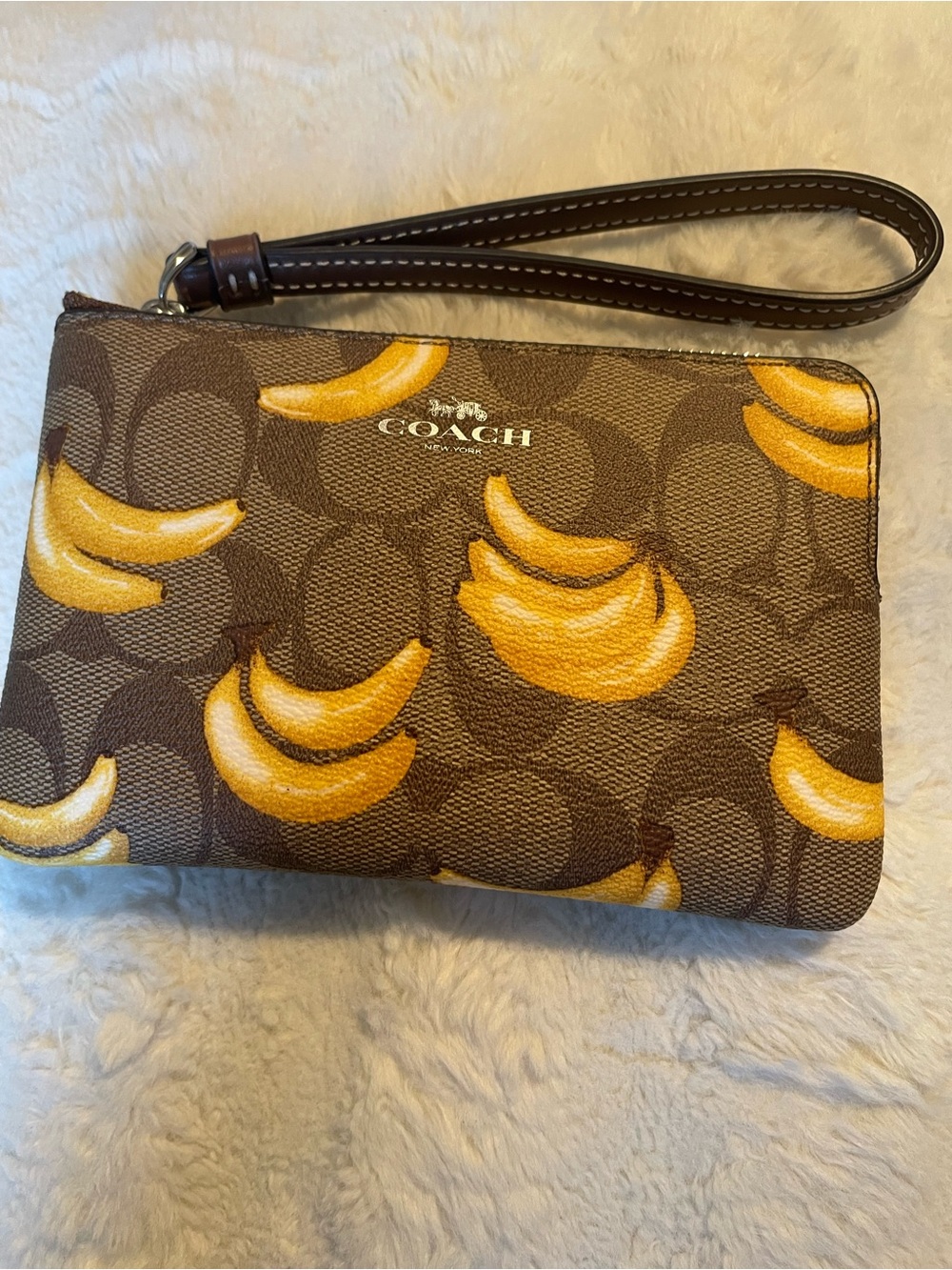 Coach Brown Signature Canvas Wristlet with Yellow Banana Motif